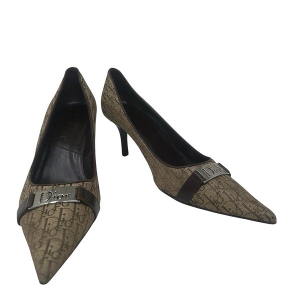 Christian Dior Brown Canvas Leather Monogram Logo Dior Plaque Heels Size 6 Y2K - Picture 1 of 15